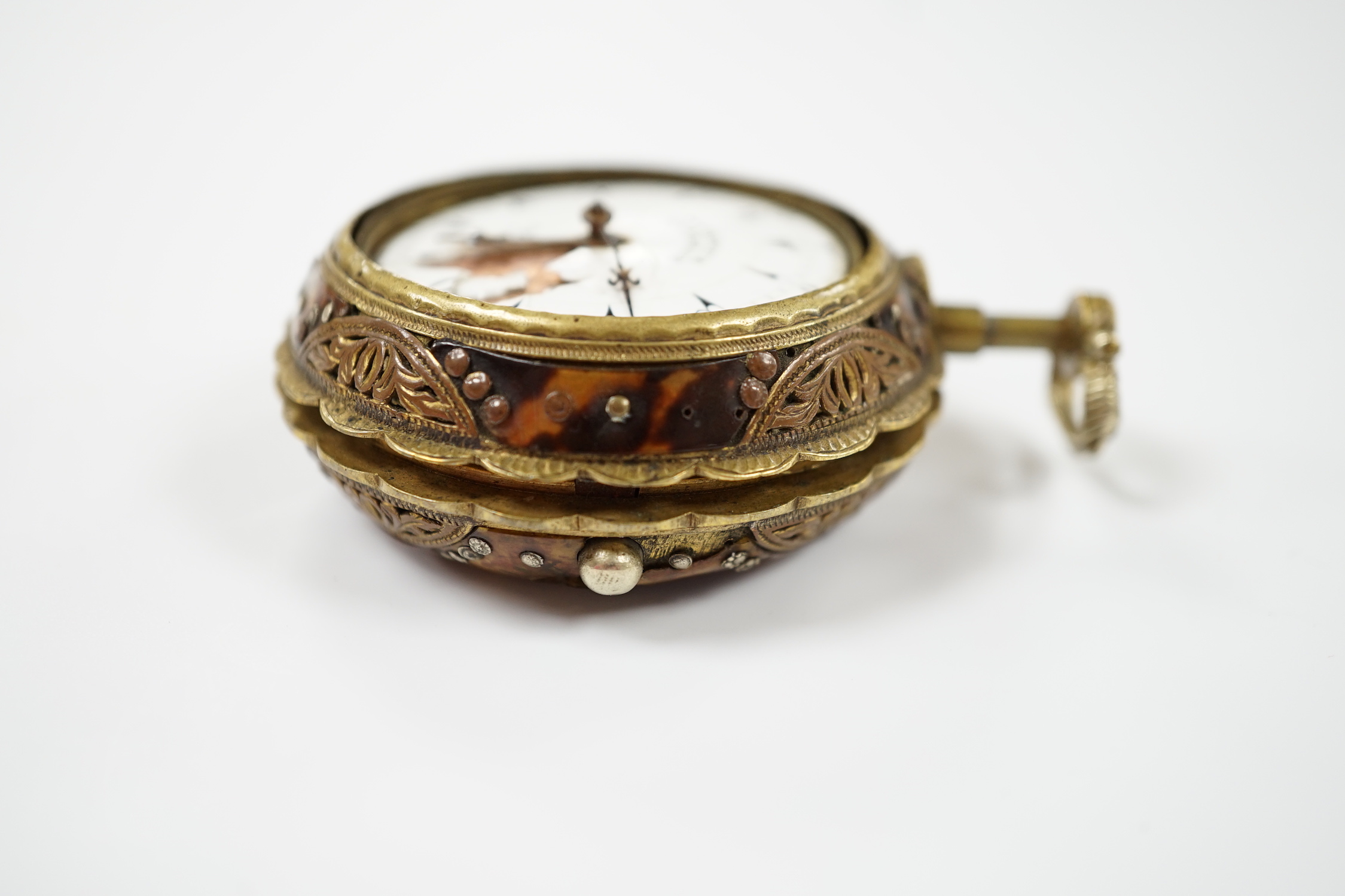 A late 18th century gilt metal and painted tortoiseshell mounted pair cased repeating pocket watch, made for the Turkish market, by Markwick Markham Perigal, London (a.f.).